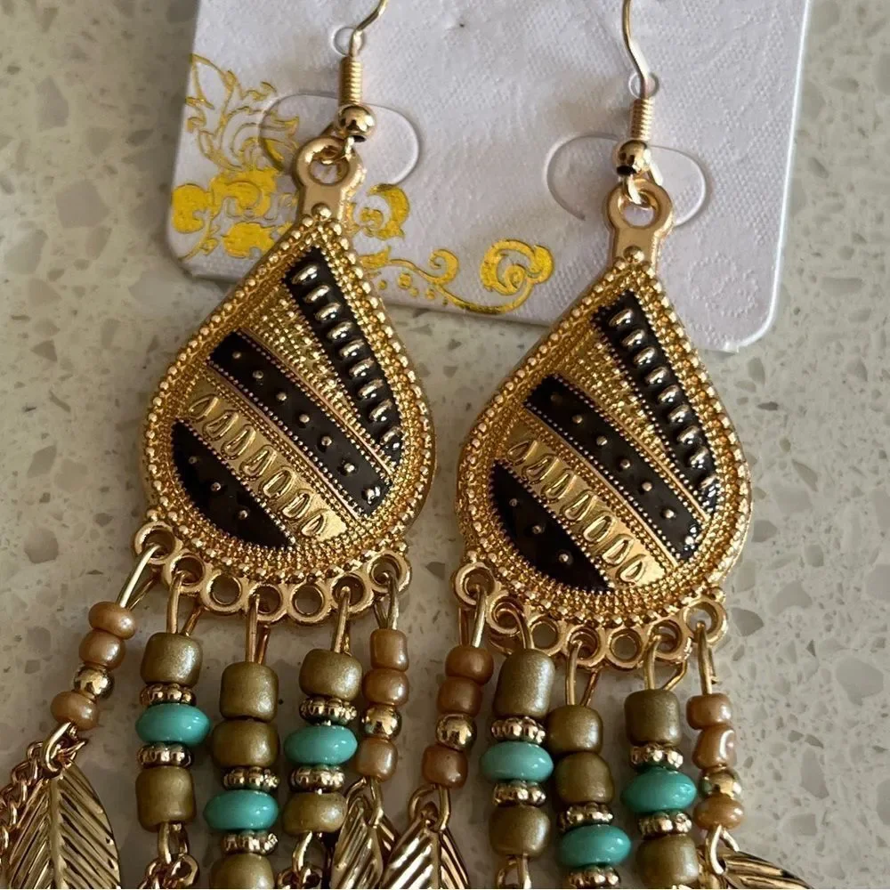 Vintage Style Feather Tassel Earrings‎ with Stainless Steel studs